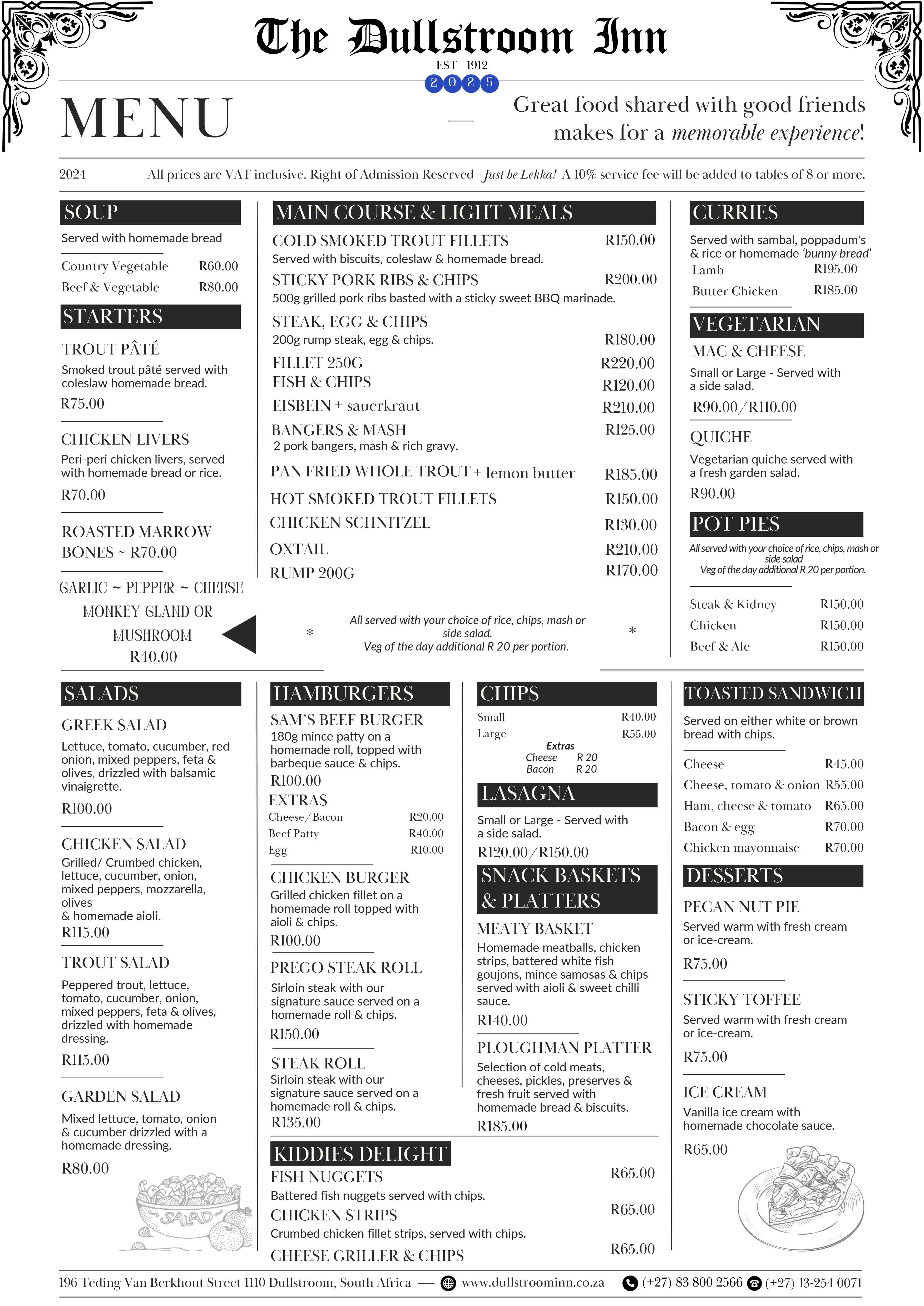 Cooked Inn Menu Pub & Restaurant Dullstroom | The Dullstroom Inn – Home-Cooked Meals